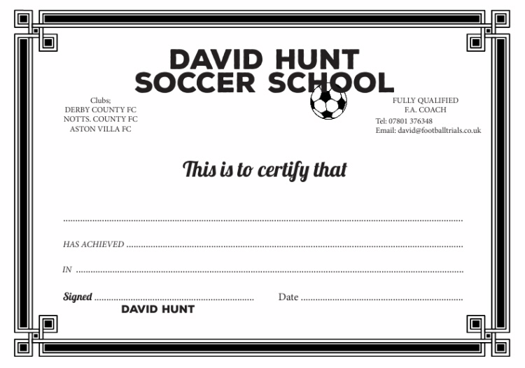 David Hunt Soccer School Example Certificate